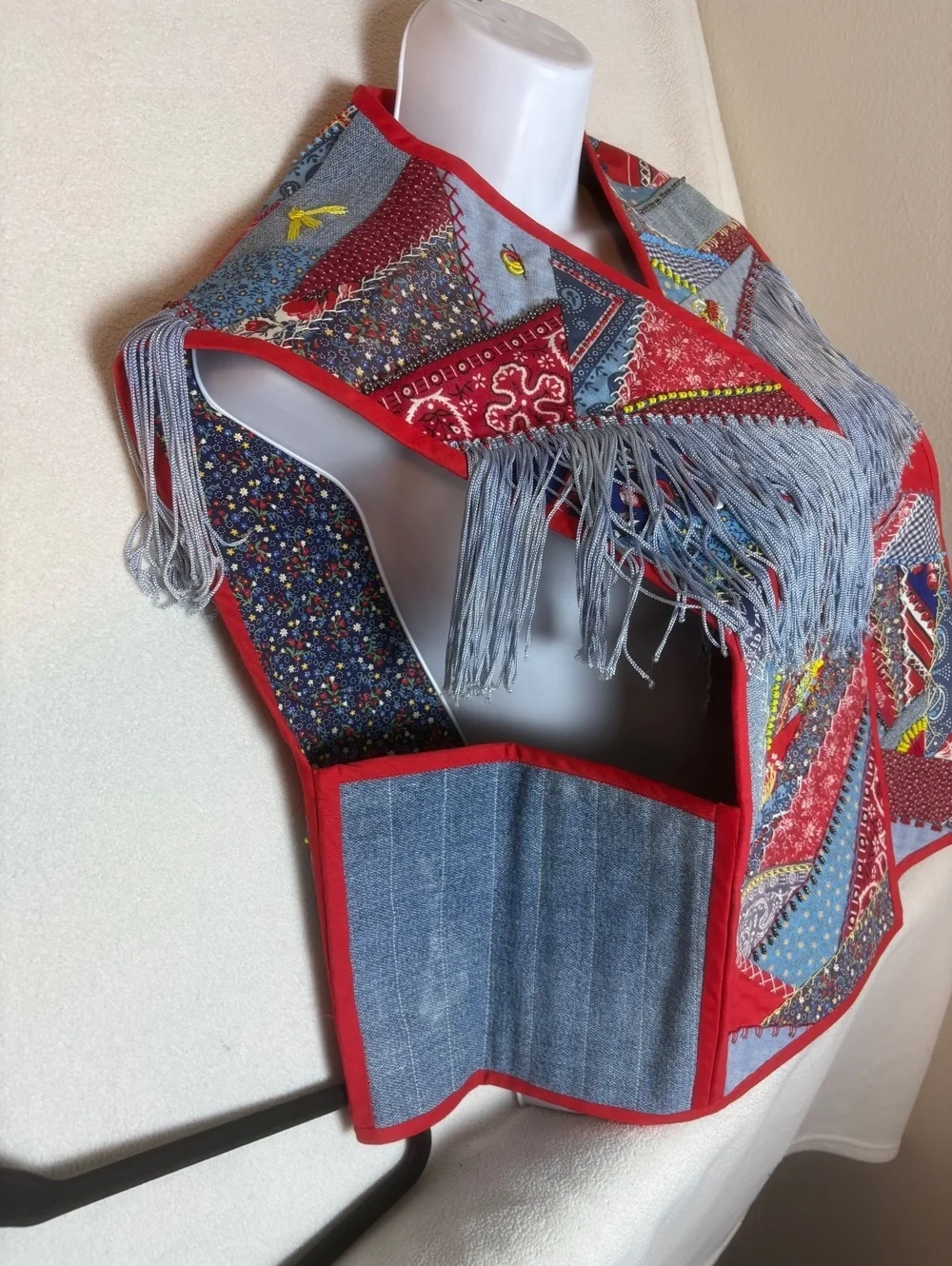 Handmade Patchwork Vest with Vibrant Colors and Light Blue Fringe Size Large